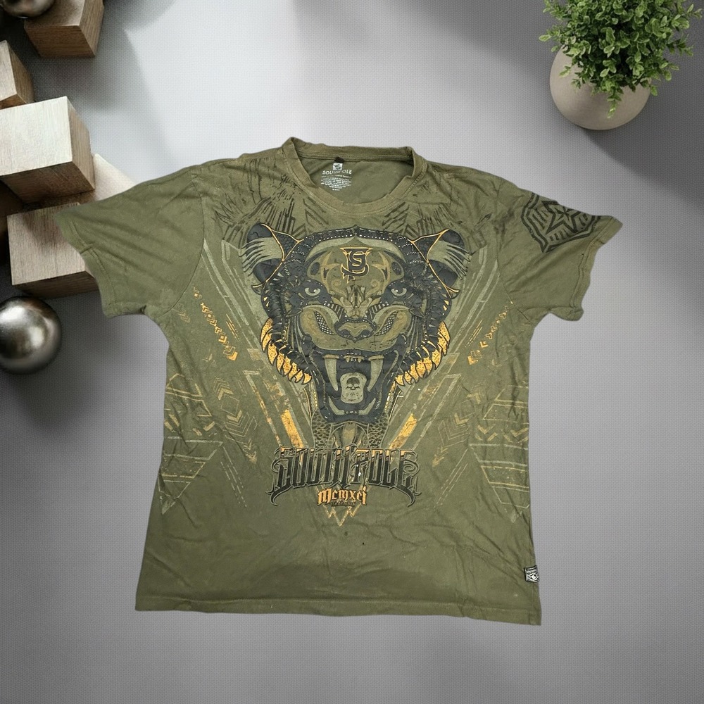 Southpole Mens XXL Olive Green Tiger Graphic T-Shirt Y2K Streetwear Skater Boxy
